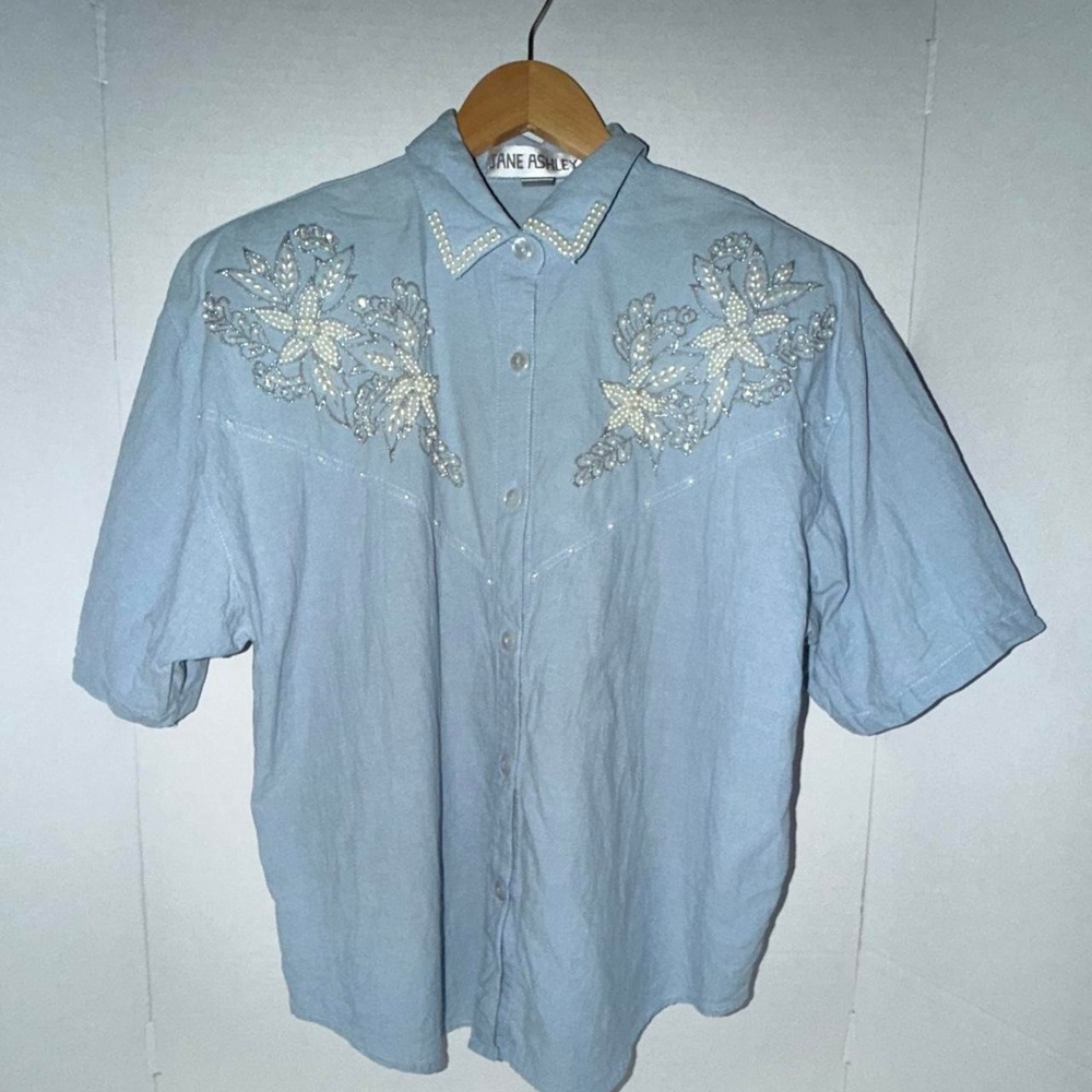 Blue pearl embellished western shirt with Floral embroidery